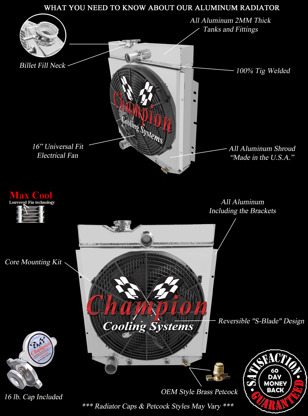 RN Champion 3 Row Radiator,16" Fan,Shroud for 1966-1977 Ford Bronco 6 Cyl Eng
