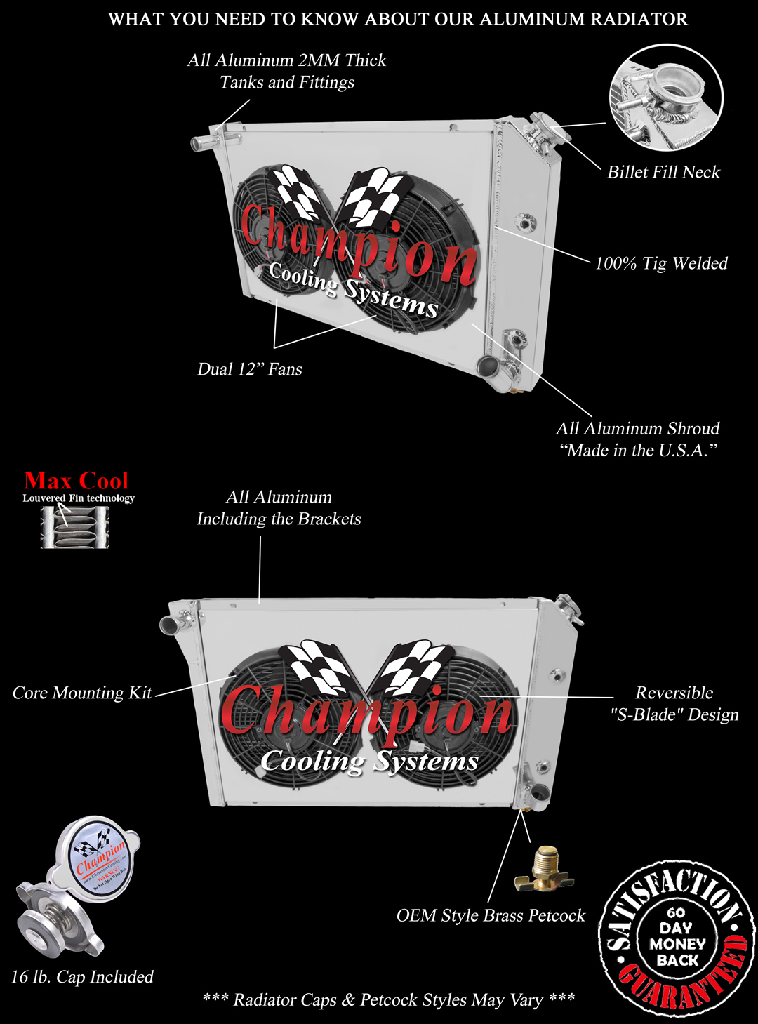 3 Row CR Champion Radiator, 2 12" Fans, Shroud for 1977 - 1983 Corvette V8 Eng