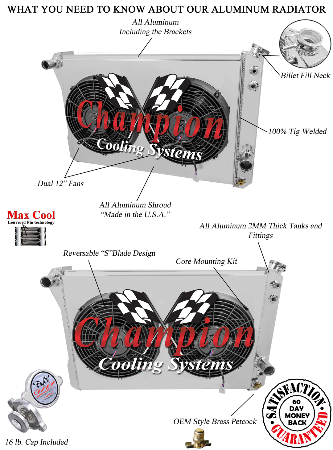 2 Row 1" DR Champion Radiator W/ 2 12" Fans and Shroud for 1982 - 1992 Trans Am